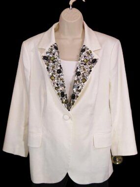 Boston Proper Off White Blazer Bejeweled Rhinestones Lined Size 14